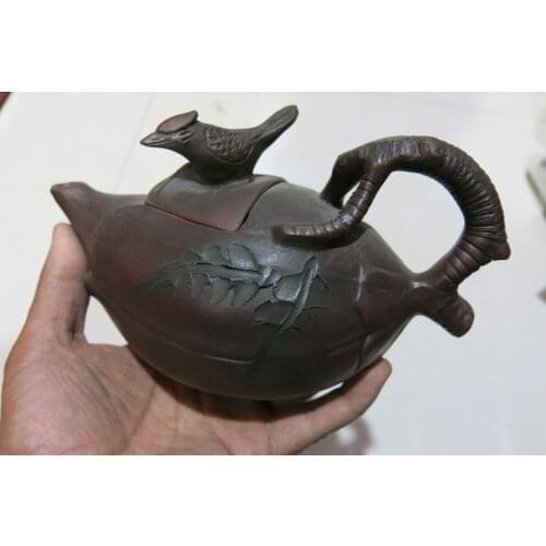 Old Chinese Handcraft Enameled YiXing Purple Clay (green stoneware) Teapot ,Trees & Birds,with mark,Free shipping