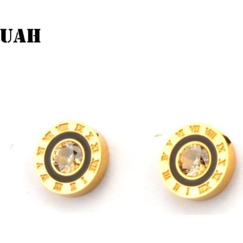 UAH 316L Stainless Steel Earrings for Women Earings Roman Number Stud Earrings Round Zirconia Fashion Jewelry Brincos Boucle