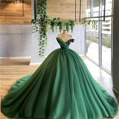Prom Dresses Green V-Neck One Shoulder A-Line Tulle Crystal Beaded Prom Dresses With Lace Up Back vestidos de fiesta de noche