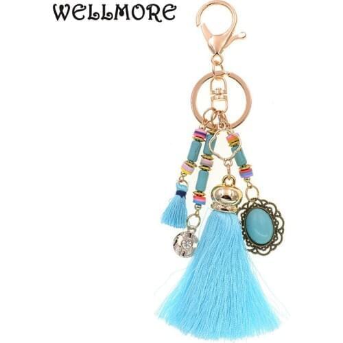 WELLMORE 7 color bohemia Key Chains for women stone beads tassel Key Chain Girl Bag Keychain fashion jewelry wholesale