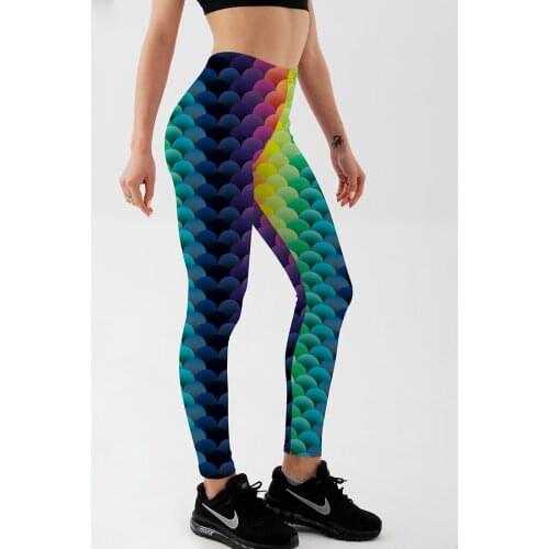 Qickitout Sexy Fashion Womens Leggings Fish Scale Rainbow Color Gradient Printed Leggings Workout Fitness Pants Autumn Style
