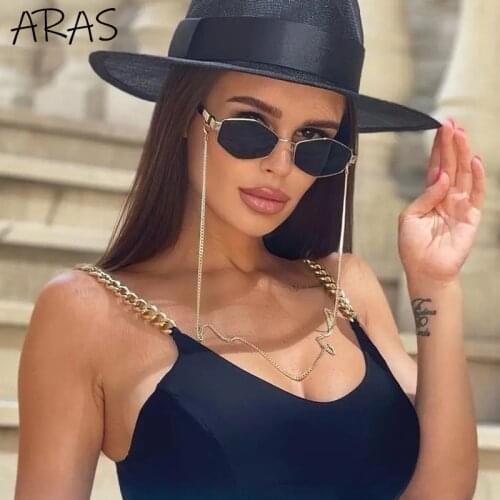 2021 Trendy Retro Hexagon With Chain Sunglasses Women Unique Chain Polygon Sunglasses Female Small Frame Brand Designer Eyewear