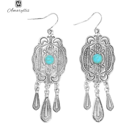 Amaiyllis Vintage Waterdrop Tassel Dangle Earrings For Women Ethnic Carved Pattern Statement Drop Earrings Stone Pendant Earring