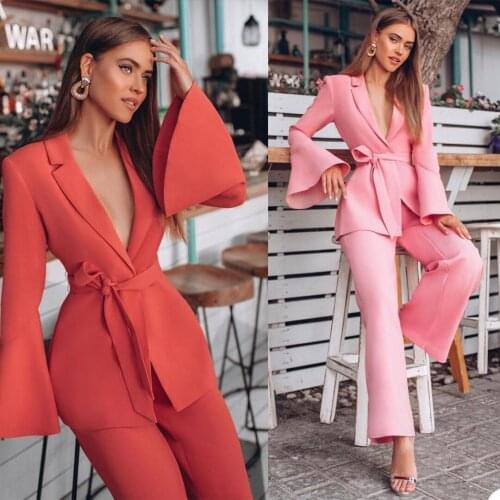 Sexy Elegant 2 Pieces Suits Set (Blazer+Pants) Custom Made Flared Sleeves Chic Coat With Belt Office Lady Casual Daily Jacket