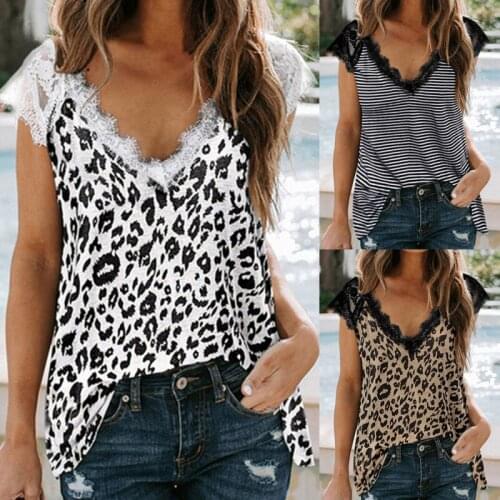 Leopard Black Plus Size Eyelash V Neck Striped Lace Tank Sleeveless Women Top Mujer Camisetas Oversize Clothes