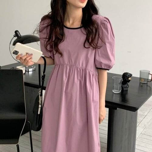 Solid Korean Party Dress Women O-Neck Short Sleeve Party Dress High Waist Vintage Long Dress Bow Lace Up Back Kawaii 2021