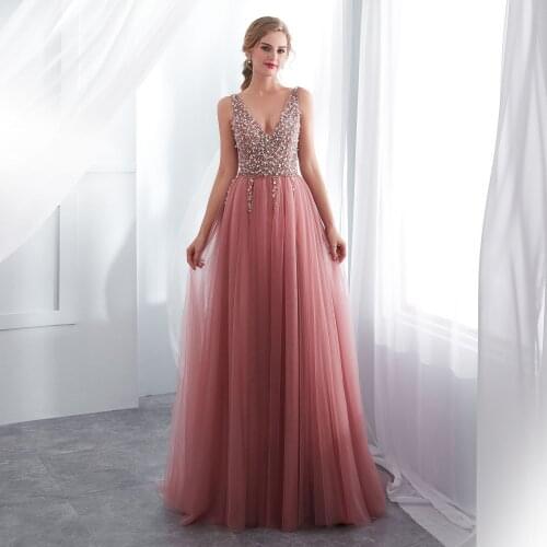 2020 V-Neck Beading Evening Dress Pink High Split Tulle Sweep Train Sleeveless Prom Gown A-line Lace Up Backless Vestido De