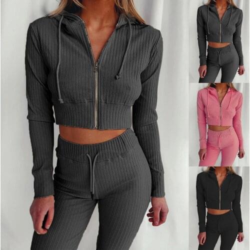 Winter Suit Tracksuit Hooded Sportswear Coat Pant Women LongSleeve Crop Top Hoodie High Waist Pants Solid Color Tracksuit Outfit