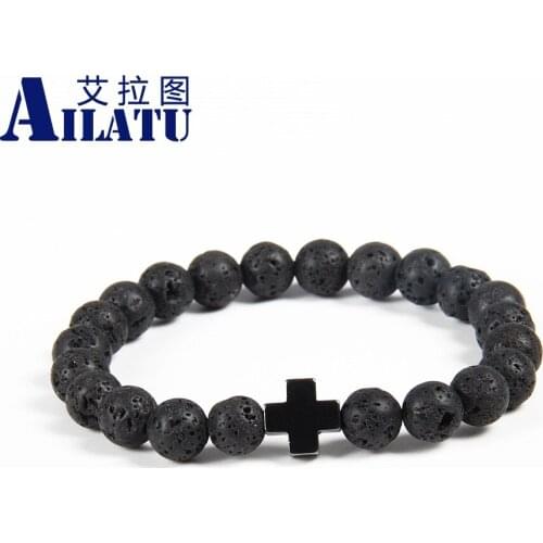 Ailatu New Design Wholesale 10pcs/lot 8mm Best Quality Lava Stone Beads with Hematite Royal Cross Jesus Bracelet