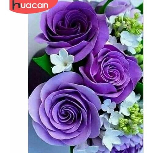 HUACAN 5D Diy Diamond Art Painting Flower Cross Stitch Wall Art Diamond Mosaic Purple Rose Decoration For Home