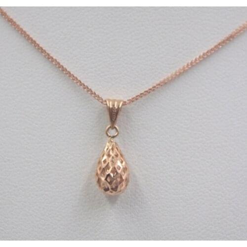Solid 18k Rose Gold Pendant Hollow Teardrop / Pure 18k Rose Gold Wheat Foxtail Chain Necklace 18"L Gift For Women