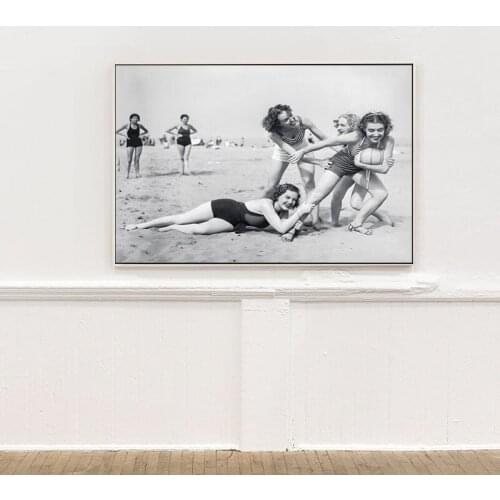 Black and White Vintage Beach Volleyball Photo Canvas Painting Poster Print Women Playing Sports Girls Having Fun Wall Art Decor