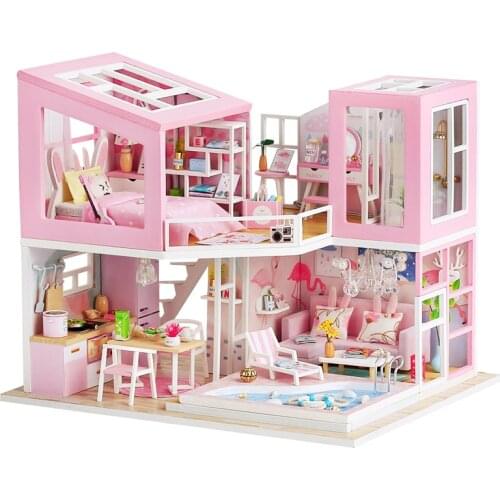 DIY Wooden Pink Dollhouses First Love Assembled Miniature with Furniture Bed Kit Swimming Pool Doll House Toys for Kids Adult