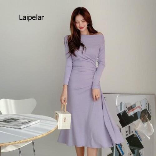 Elegant Twill Neck Ladies Mid-length Dress 2021 Spring Pleated Slim Waistline Dress Womens Casual Dress