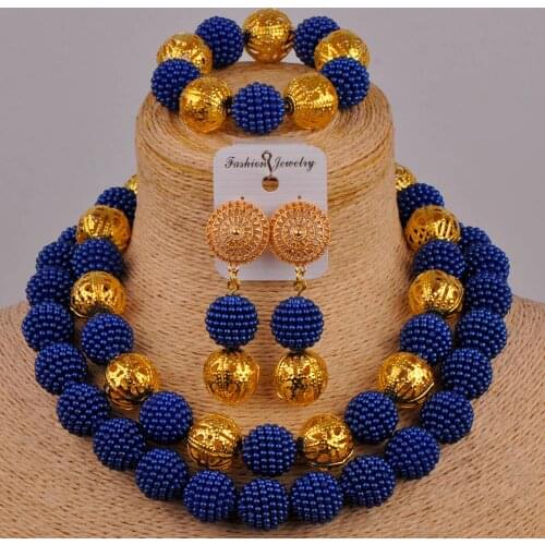 Royal blue and gold costume necklace african set simulated pearl nigerian beads african wedding jewelry set ZZ17