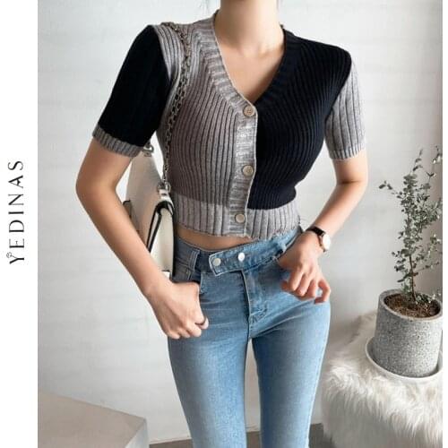 Yedinas Korean Style O-neck Short Knitted Sweaters Women Thin Cardigan Button Up 2021 Summer Casual Fashion Patchwork Crop Top