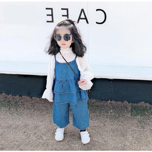 Two-Piece Suit Fashional Cool Designer Denim Sling Spring Cowboy Kids Costume for Baby Girls Clothing 2 to 8 Years Jeans set