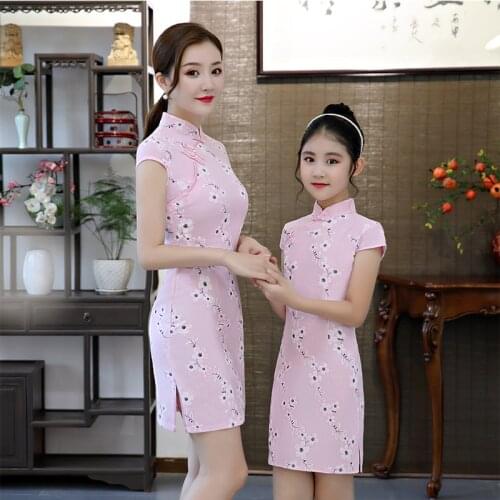 Summer New Mommy and Me Short Sleeve Chinese Style Dresses Family Matching Mother Daughter Retro Dress cheongsam Floral Clothes