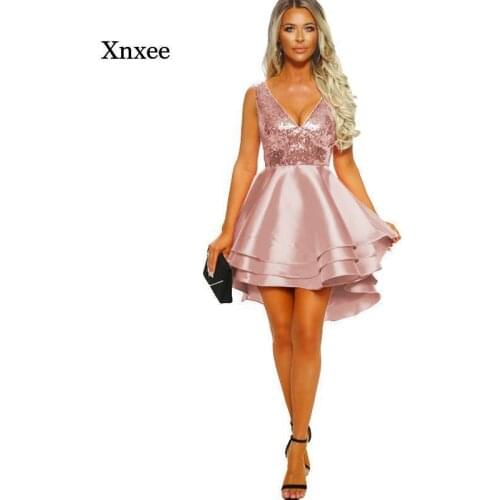Summer Womens Sleeveless Evening Dress Sexy V-Neck Sequins Stacked Ruffled Mid-Length Irregular Hem Womens Clothing