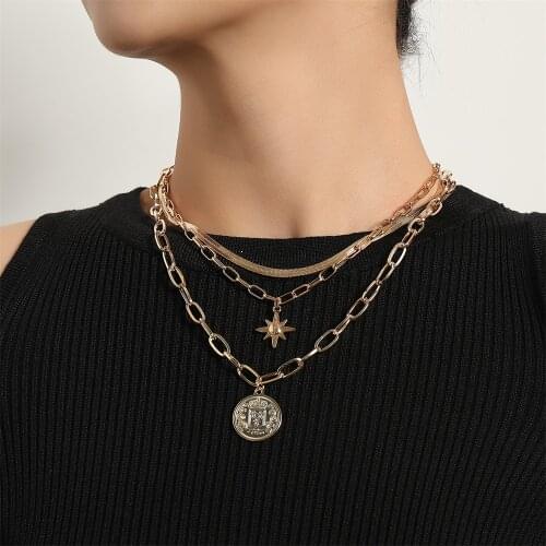 Fashion Jewelry Coin Charm Multi-layer Necklace Starlight Pendant Chain Vintage Statement Necklaces for Women Accessories