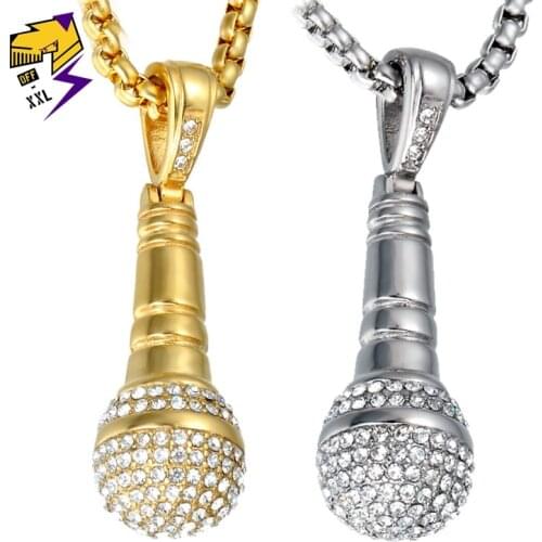 Hip Hop Ice Out Stainless Steel Microphone Necklaces Bling Crystal Music Pendant Gold Silver Color Link Chains Necklace for Men