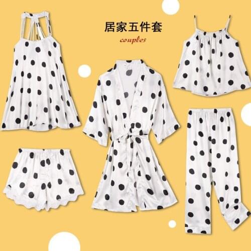 FZSLCYIYI Polka Dot Printed Women Pajamas 5/4/3/2Pcs Satin Sleepwear Silk Homewear Sleep Lounge Pyjama With Chest Pads