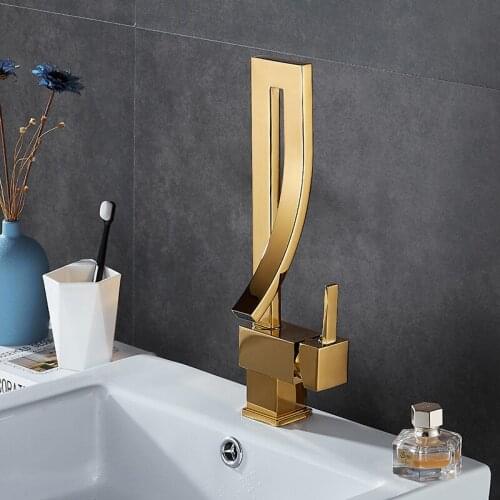 Deck Mount Brass Gold Plated Creative Design Bathroom Sink Mixer Tap Waterfall Lavatory Golden Basin Faucet G1101
