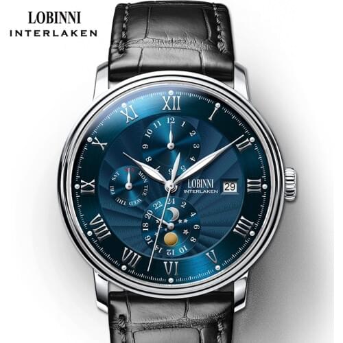 Switzerland wrist watch LOBINNI Men Watches Seagull Automatic Mechanical Clock Sapphire Moon Phase relogio masculino L1023B-5