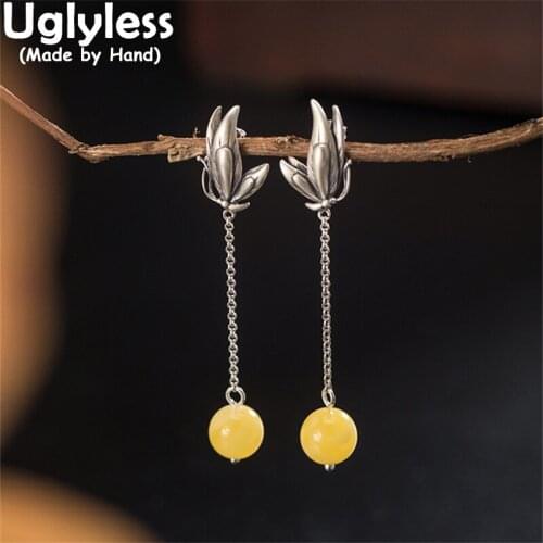 Uglyless Natural Beeswax Amber Earrings for Women 925 Silver Tassels Earrings Handmade Insects Butterflies Studs Earrings Gems