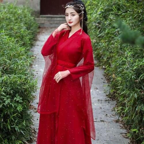 Oriental Ancient red Hanfu Dress Woman Chinese Traditional Dance Costumes Elegant Fairy Folk Performance Clothing
