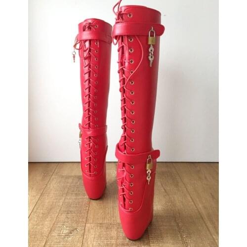 Woman Red Boots 18Cm Fetish Extreme High Heel Sexy Wedges Lace Up Buckle Heelless Ballet Boots Lockable Knee High Long Boots
