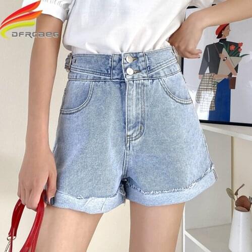 With Belt High Waist Wide Leg Denim Shorts For Women Summer 2020 New Arrival Double Buttons Loose Lady Crimping jeans Shorts