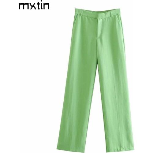 MXTIN 2021 Women Spring Fashion Green Straight Pants Vintage High Waist Fly Side Pockets Office Lady Female Ankle Trousers Mujer