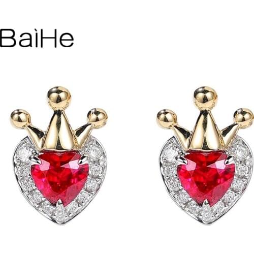 BAIHE Genuine Solid 14K White+Yellow Gold Natural Ruby Diamonds Earrings Crown Earrings Women Cерьги 2020 тренд Gift Engagement