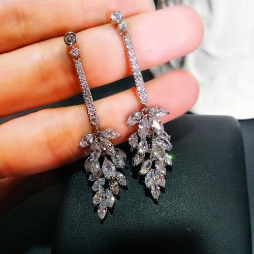 Cute Female Crystal Leaf Dangle Earrings 925 Sterling Silver White Zircon Earrings Boho Wedding Jewelry Long Drop Earrings