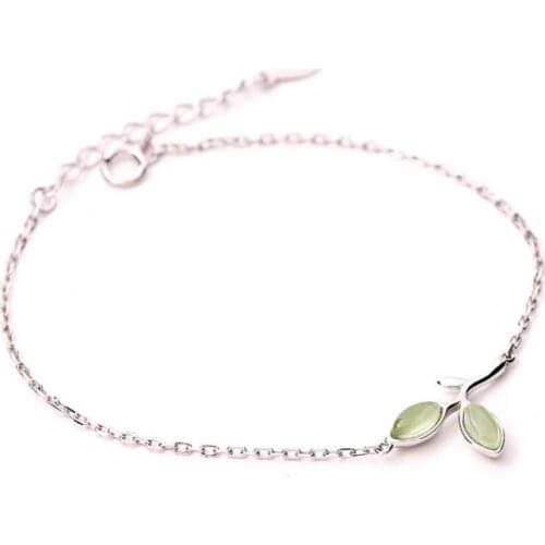 Fresh Literary Leaf Opal 925 Sterling Silver Temperament Sweet Female Creative Wild Trendy Resizable Bracelets SBR058