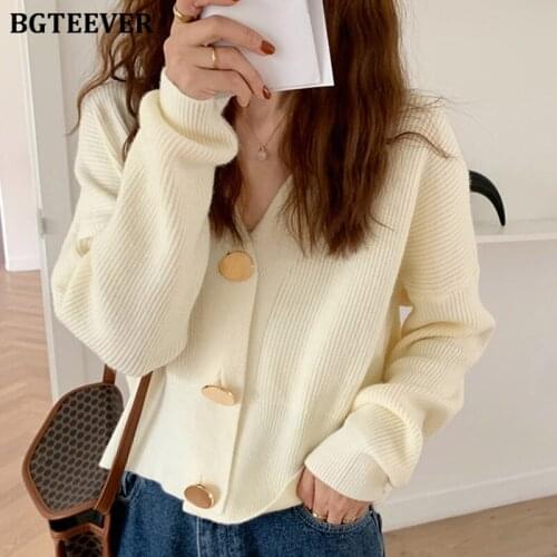 BGTEEVER Chic V-neck Single-breasted Casual Women Knitted Cardigans 2020 Autumn Winter Full Sleeve Loose Open Stitch Sweater