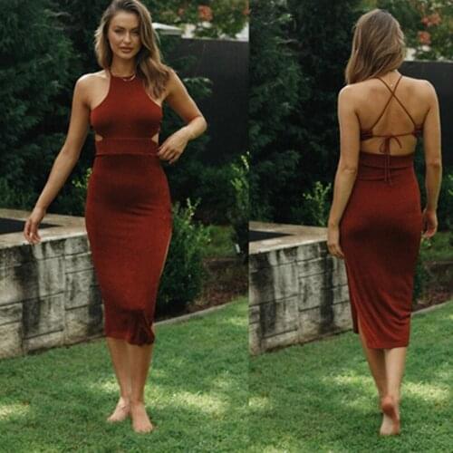 Donsignet New Womens Clothing Fashion Round Neck Sexy Backless Slim Bandage Dresses Women Spaghetti Strap Dresses for Women