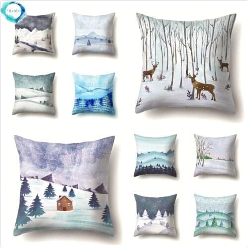 Winter Snow Scene Print Decorative Pillow Cover Sofa Square Cushion Cover Room Home Decoration Polyester Pillow Case 45X45CM
