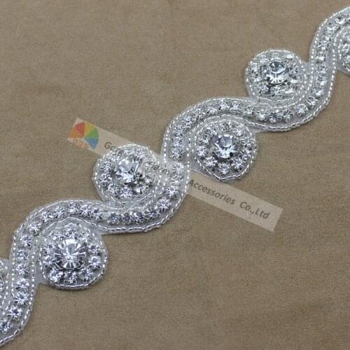 1Yard S shape Handmade Sew on Iron on Rhinestone Beaded Trim Bridal Costume Crystal Applique Trimming For Wedding Dress Sash