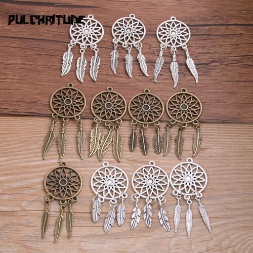 2pcs Metal Alloy Two Color 6 Style Vintage Tree Leaf Feather Wings Dream Catcher Necklace Pendant For Diy Make