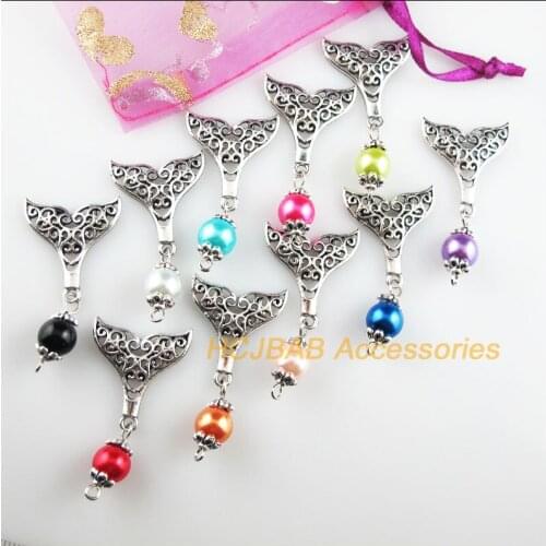 10 New Animal Tail Charms Mixed Glass Beads Pendants Tibetan Silver 21.5x41mm