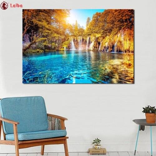 Diamond painting Natural scenery, Sunset forest waterfall cross stitch diamond embroidery mosaic room Decor