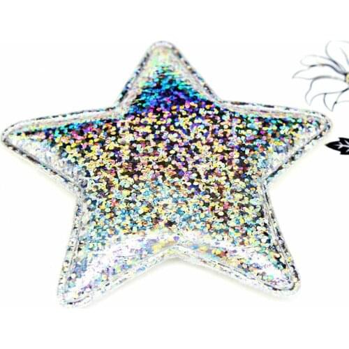 120pcs 80mm silver star Cloth Applique Garment Shoes Hats Ornament Padded STAR Applique 3" DIY Headband Supply display