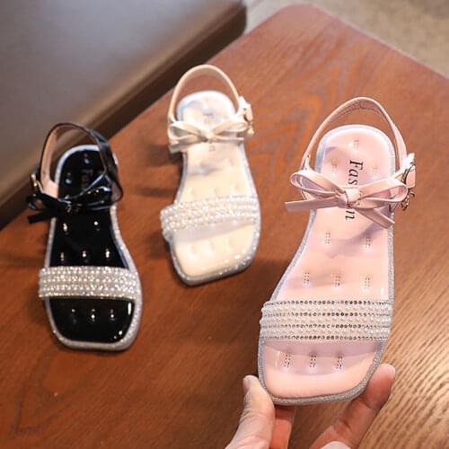 Kid Sequins Shoes Girls Square Toes Sandals Patent Leather Child Pink Sandal Soft Bottom Non-slip Outdoor Flat Shoe 26-36
