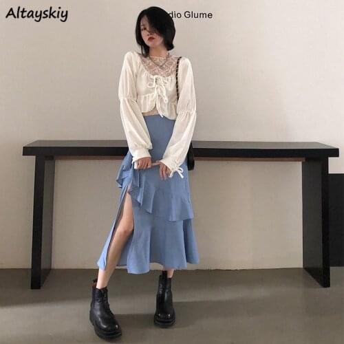Women Sets Solid 2 Piece Cropped Tops Bow Bandage Ruffles Long Sleeve Elegant Cute High Waist Skirts Slim Slit Side Female Tide