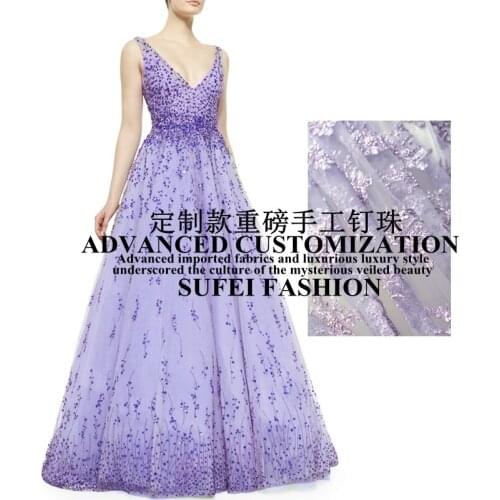 Quality handmade 130cm wide elegant purple floral beading embroideried net lace dress cheongsam fabric S085