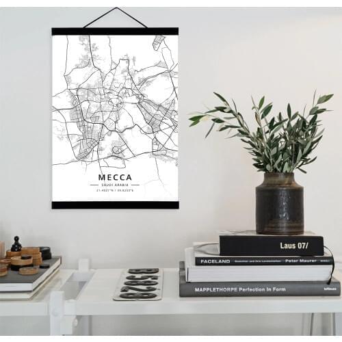 Mecca, Saudi Arabia City Map Wooden Framed Canvas Painting Home Decor Wall Art Print Pictures Poster Hanger