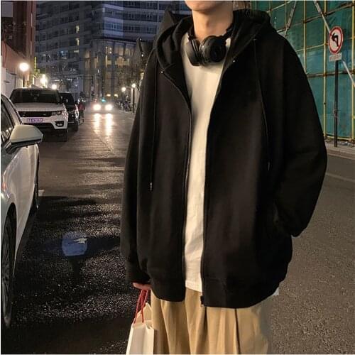 Classic Black Gray Men Hoodies Autumn Winter Korean Style Streetwear Zipper Hooded Sweatshirt Mens Coat Plus Velvet Clothing