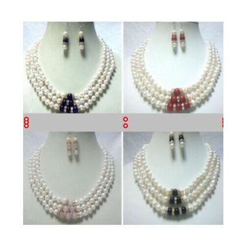 3rows 7-8mm white freshwater pearl&coral agate jade necklace earring set 17-19